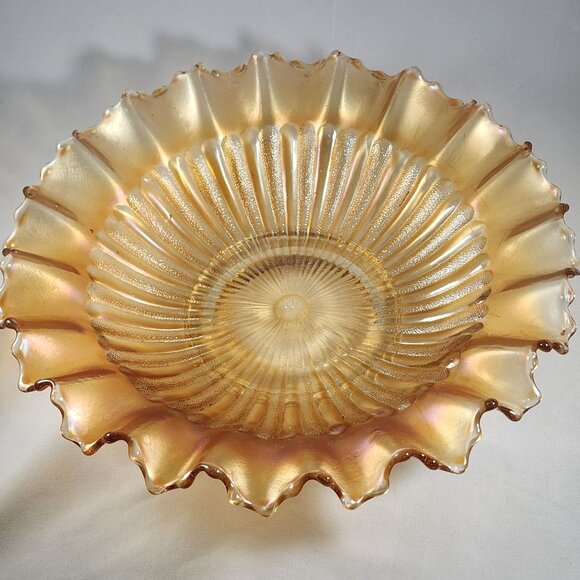 Vtg Northwood Carnival Glass Bowl Opalescent Orange Peach Ruffled Ribbed Pattern - Picture 1 of 9